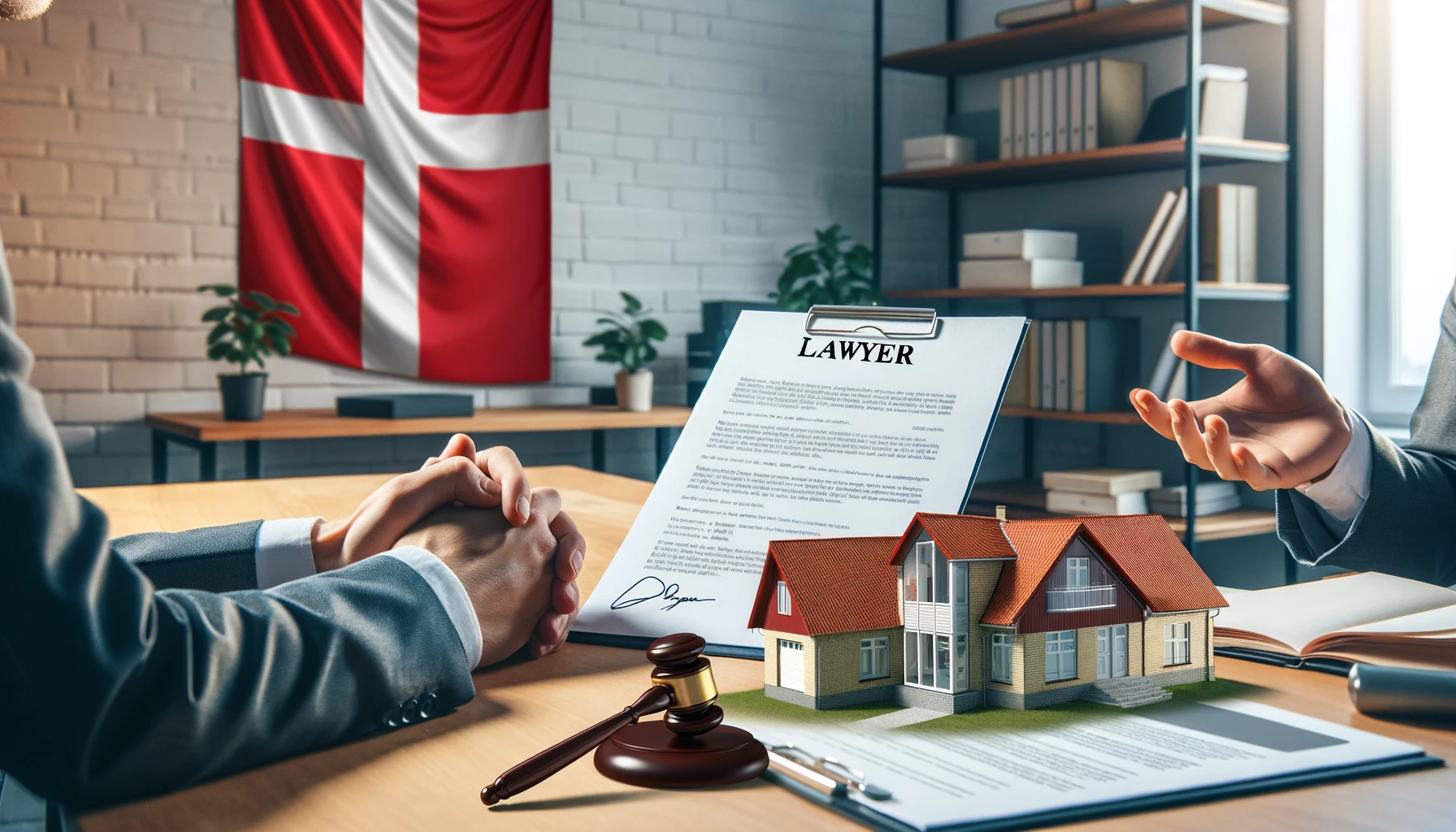 DALL·E 2024 05 27 11.59.37 A detailed illustration and photograph depicting the process of choosing a lawyer when buying a house in Denmark. The illustration should show a perso
