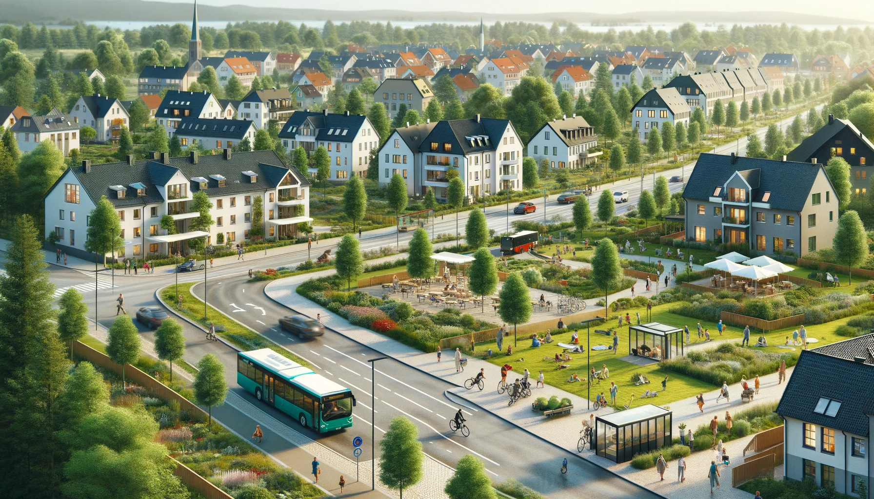A picturesque Danish neighborhood showing a variety of residential houses, lush green parks, accessible public transport like buses and bicycles.