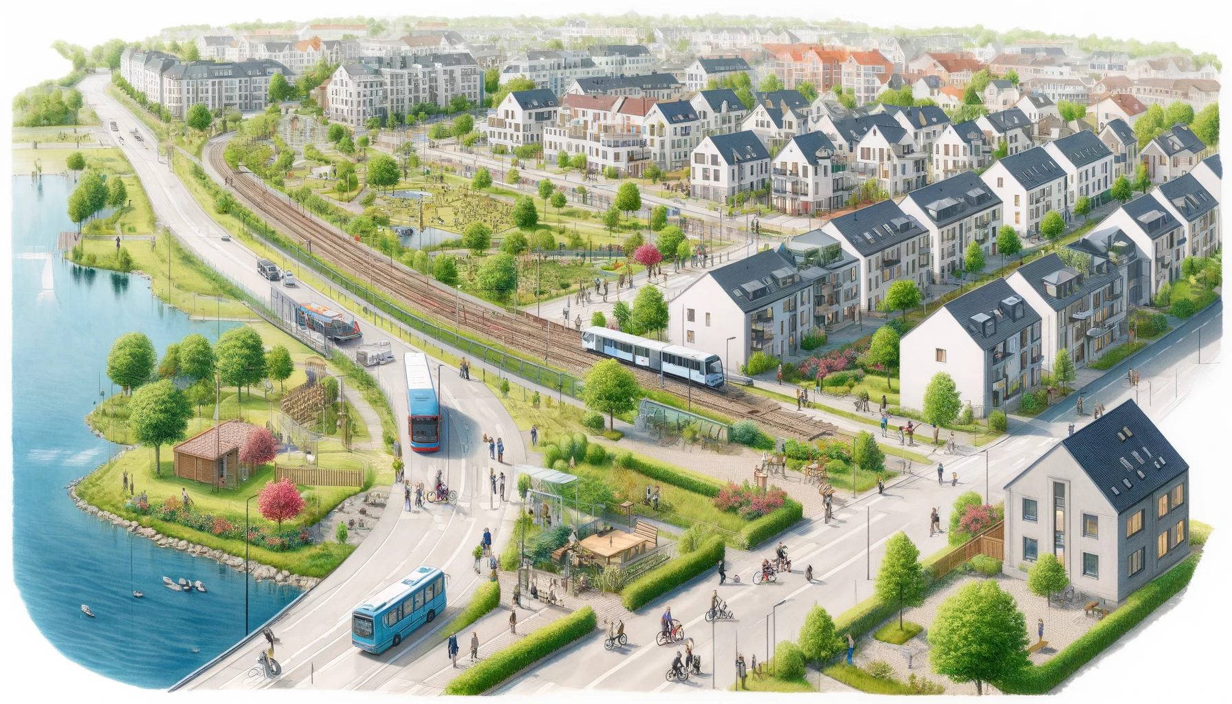 A detailed drawing of a Danish neighborhood featuring a variety of residential houses, lush green parks, public transport options like buses.