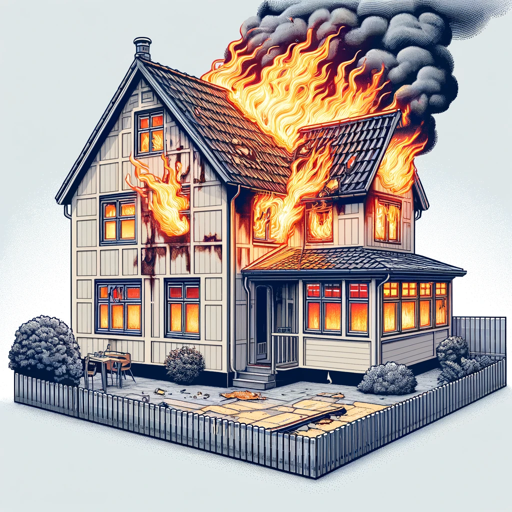 Tegning af hus der brænder