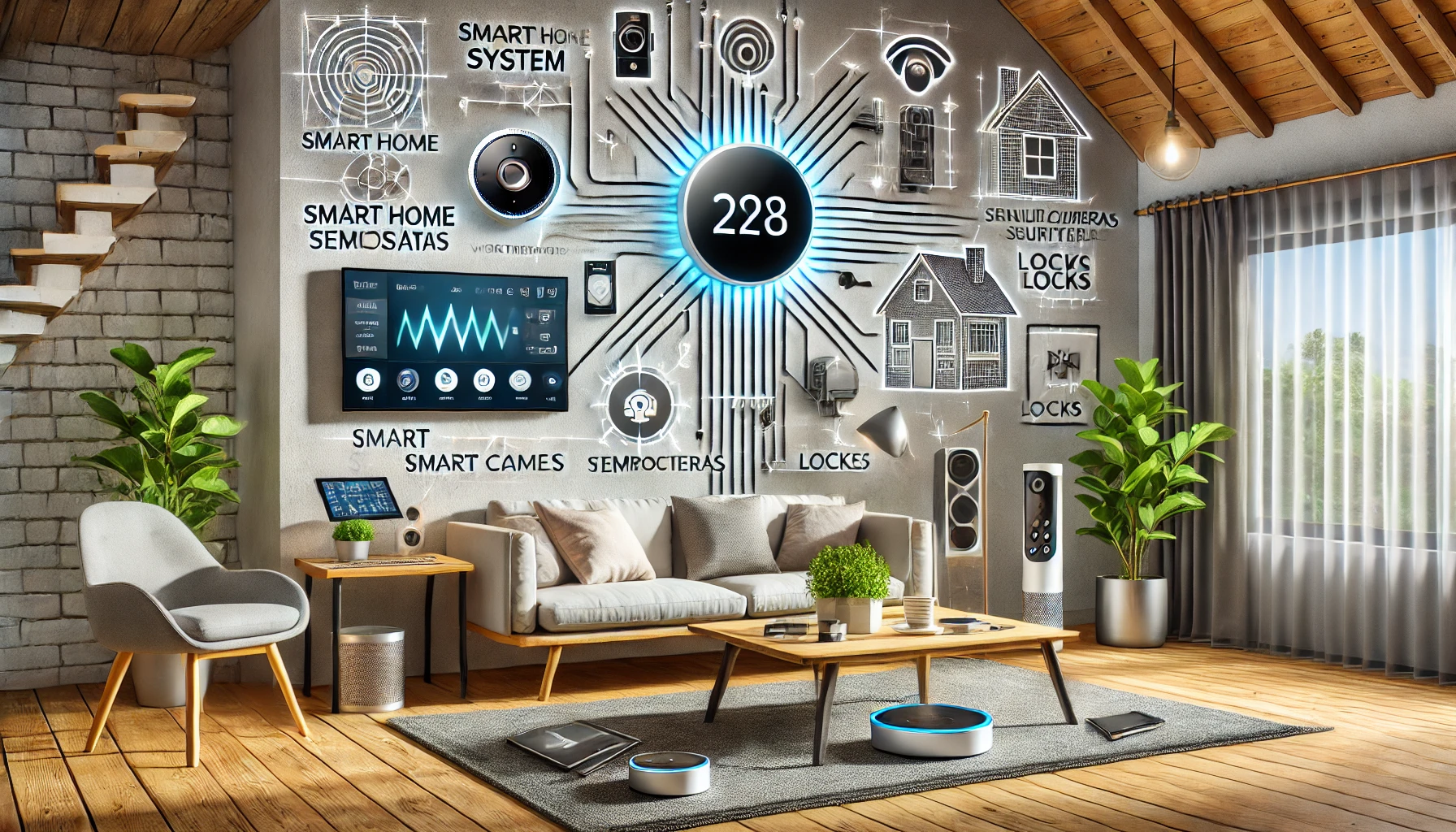 Teknologiske opgraderinger i hjemmet. Et smart hjem system med stemmestyring, smart termostat, sikkerhedskameraer og smarte låse. Indstillingen er et moderne, teknologisk hjem.